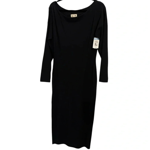 Open Edit (Nordstrom) Black Knit Long Sleeve Midi Dress with Off Shoulder Option - Picture 3 of 4